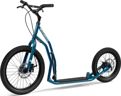 A blue scooter with large tires and disc brakes is shown against a white background.