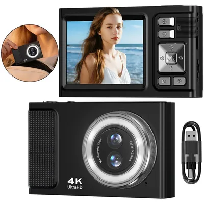Produktbild von 32GB Digitalkamera Kinder Fotokamera, 48MP Anti-Shake Kinderkamera Foto mit 2,4 Zoll 4K-Bildschirm, 16X Digital Zoom Kompaktkamera für Fotografie