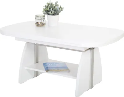 Immagine prodotto di Tavolino funzionale, tavolino ovale Colin - decoro bianco - regolabile in altezza con alzata e allungabile - ampio ripiano - dimensioni 108-157x67cm
