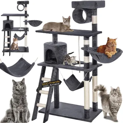 Image de Arbre à gratter pour chats BAKAJI, en sisal et en peluche, avec un espace de jeu et une cachette suspendue