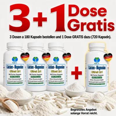 Produktbild von Calcium Calciumcitrat + Magnesium 2:1 reiner Citrate Komplex 720 (4x180) Kapseln ORGANISCH, Nicht gepuffert, Basische Mineralstoffe, Ohne Zusatzstoffe