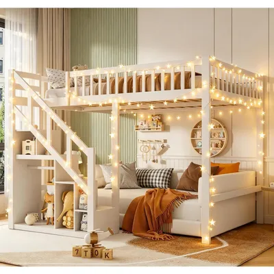 Image de Lit superposé 90x200 avec escalier et armoire de rangement, couleur blanche