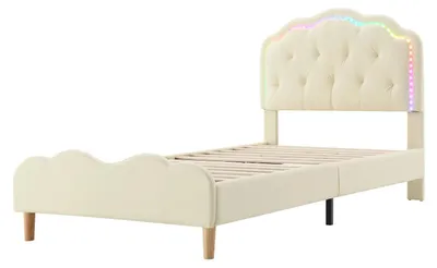 Produktbild von Kinderbett - Einzelbett 90x200 cm - LED-Beleuchtung - Wellenförmiges Kopfteil - Gepolstert mit PolyurethanKunstleder - Minimalistisches Design - Weiß