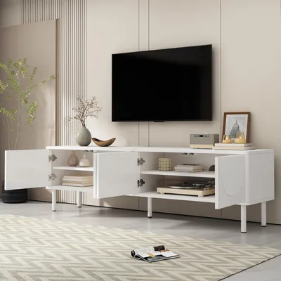 Obrázok produktu pre STILVORA Moderný TV stolík so 4 úložnými priehradkami, bočná skrinka s vedením káblov a matným povrchom, TV stolík z MDF do obývačky, spálne alebo predsiene, biely