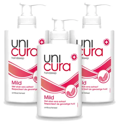 Immagine prodotto di 3 flaconi di sapone liquido antibatterico Unicura, delicato, da 250 ml ciascuno. Confezione