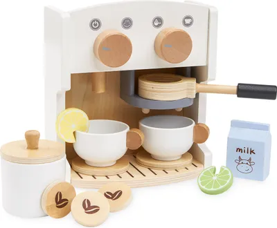A wooden toy coffee and tea maker with accessories.