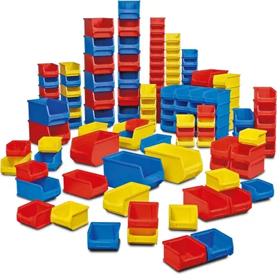 Produktbild von 100-teiliges Sichtkästen-Set PROFI, PP, farbig/blau, gelb, rot, 3 Größen, 55x LB6, 35x LB5, 10x LB4