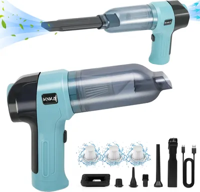 Two hand vacuums are shown, one in use with air and leaves blowing out, and another with accessories laid out below.
