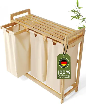 Produktbild von Wäschekorb 3 Fächer beige · 90 L Bambus · Wäschesammler