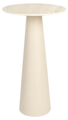 Gesamtansicht des Beistelltischs Joya High mit runder Keramik-Platte in Travertin-Optik und konischem Metallgestell in Beige.