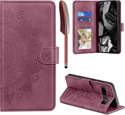 Produktbild von Google Pixel 8A Lederhülle Weinrot Flip Wallet Case Standfunktion & Kartenfach