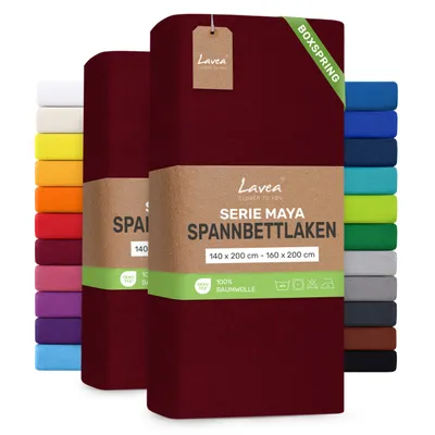 Produktbild von Lavea® 2er Pack Spannbettlaken 140/160x200 cm, Jersey Bettlaken 100% Baumwolle – Boxspringbetten, Wasserbetten, Matratzen bis 35 cm – Bordeaux