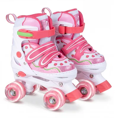 Produktbild von COSTWAY Rollschuhe Kinder, Roller Skates mit 4 Größen Verstellbar&LED Rädern, Erdbeere Quad Skates für draußen, Kinderrollschuhe für Kinder 5-7, Rosa