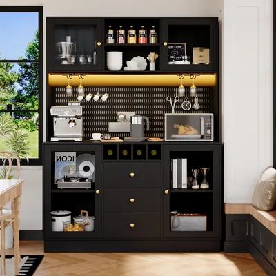 Imagen del producto de Armario alto con iluminación LED, de 140x40x185,7 cm, con estantería para vinos, cajones y puertas de cristal, color , ideal para la cocina y el salón