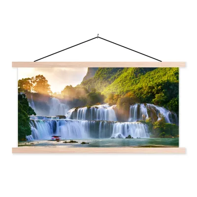 Produktbild von MuchoWow® Textilposter Wasserfall - Pflanzen - Sonne - Wasser - Natur 60x30 cm mit holzfarbenen Rahmen - Dekoration
