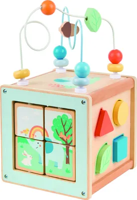 Produktbild von Lelin Motorikwürfel mit Motorikschleife – Holz-Aktivitätswürfel 5-in-1 (22×35×20 cm, Formensortierer, Labyrinth, Zahnräder, Puzzle) – ab 12 Monaten,