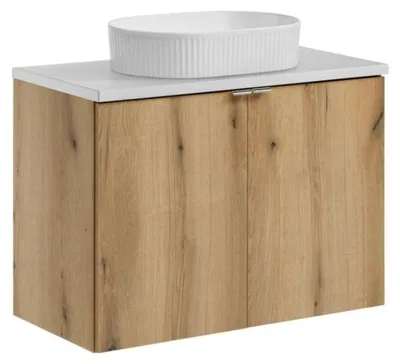 Productafbeelding van Set VANO eik- en witlook 80cm: onderkast met kastjes + wastafelblad + geribbelde opzetwastafel in wit