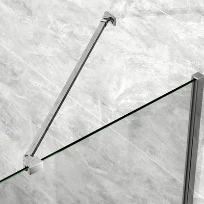 A close-up view of a shower support rod attached to a glass shower wall.