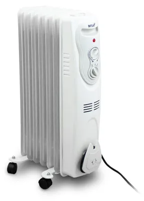 A white electric oil radiator with fins and a control panel on a white background.