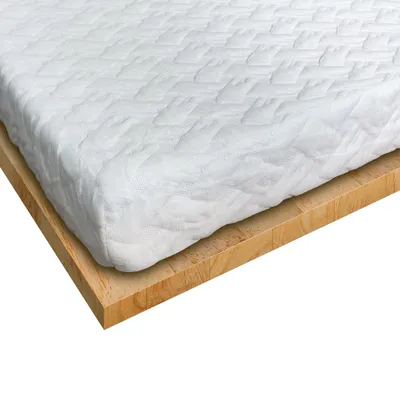 A white mattress topper is shown on a wooden base.