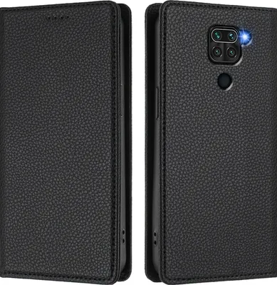 A black leather phone case is shown from the front and back.