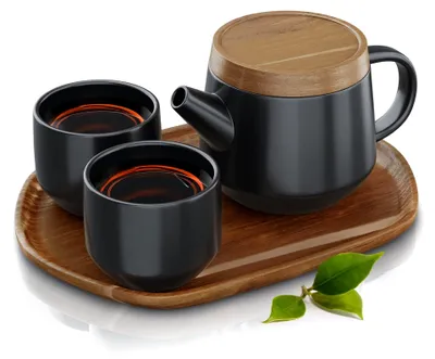 Produktbild von Teeservice Set, Keramik Teekannen Set, Teekanne Porzellan, Japanische Teekanne mit Teesieb 0,6 Liter, Teekanne mit Deckel Untersetzer 2 Tassen und Tablett