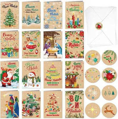Obrázek produktu pro Sada vánočních pohlednic, 16 kusů, z kraftového papíru – 16 x 11 cm – Veselé Vánoce – Obsahuje samolepky a obálky