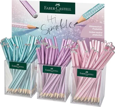 A display of Faber-Castell pencils in various pastel colors, with a marketing backdrop.