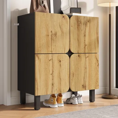 Zdjęcie produktu dla Szafka na buty Merax z 4 drzwiami i regulowanymi półkami, regał na buty z kolorowym blokiem i funkcją cichego domykania, szafka przedpokojowa z półką, naturalny + czarny