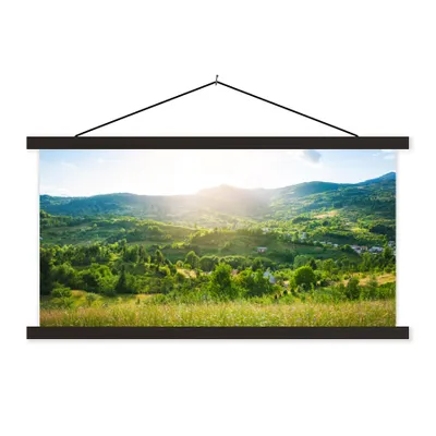 Produktbild von MuchoWow® Textilposter Wald - Landschaft - Sonne - Natur - Sonnenaufgang 90x45 cm mit schwarzem Rahmen - Klemmleisten