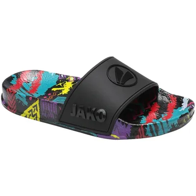 A single slide sandal with a black strap and a colorful, abstract pattern on the footbed and sole.
