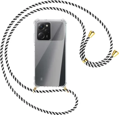 Produktbild von Handykette Backcover-Schutzhülle mit Band (Metall goldfarben) für Xiaomi Poco X5 Pro (6.67'') - schwarz/weiß gestreift