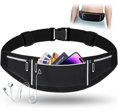 Produktbild von Laufgürteltasche Hüfttasche - Wasserdicht - Verstellbar 70 cm bis 130 cm - Schwarz mit Reflektorstreifen