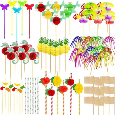 Productafbeelding van Set van 153 onderdelen voor cocktaildecoratie, herbruikbaar, inclusief feestelijke parasols, rietjes en vuurwerkspiesjes, geschikt voor feesten, verjaardagen, bruiloften en strandfeesten