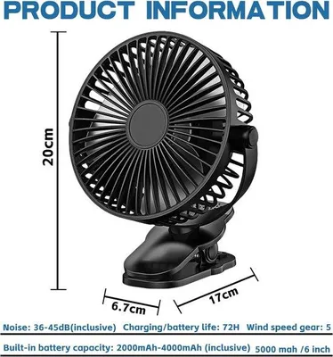 Image de Ventilateur clip rechargeable par USB, ventilateur silencieux avec pince, idéal pour bureau, poussette, camping