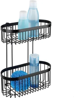 Productafbeelding van Ibenzoa® Doucheplank met 2 niveaus, van staal, zwart, 26,5 x 33 x 14,5 cm – Wandplank voor douche en badkamer, ophangbaar zonder boren (met verstelbare haak)