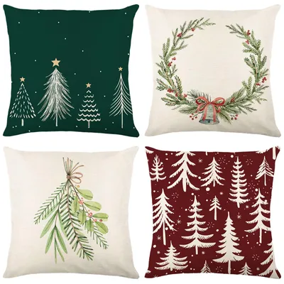 Weihnachts-Kissenbezüge 4er-Set 45x45 cm Leinenoptik Tannenbaum
