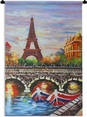 Produktbild von MuchoWow® Wandteppich Wandbehang Gemälde - Öl - Eiffelturm - Paris - Wasser 120x180 cm Tapisserie Dekoration Wandtuch - Schlafzimmer - Dekorationen für das Haus