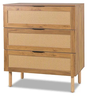 Image de Mang - Commode à 3 tiroirs en bois et rotin, commode de nuit