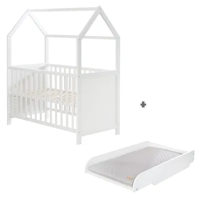 Produktbild von roba Hausbett 60 x 120 cm + Wickelplatte mit Wickelauflage roba Style grau - Set aus Baby- & Beistellbett in Hausoptik + platzsparenden Wickeltisch