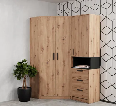 A corner wardrobe with an attached shelving unit, next to a potted plant.