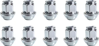 Zdjęcie produktu dla 10 nakrętek do kół Ford, gwint M12x1,5 mm, stożkowy kształt, ruchome, chromowane, pasujące do: Ford C-MAX I (2007), Cougar (1999), Escort III (1981), Escort IV (1986), Escort V (1991), Escort V