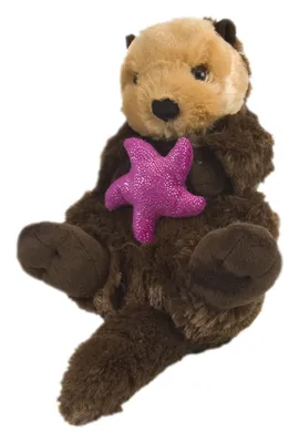A plush toy sea otter holding a pink starfish.