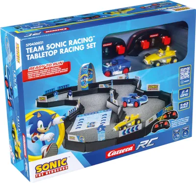 Produktbild von Carrera RC Team Sonic Racing™ Tabletop Racing Set | Mini RC Car Race Track Set | Set mit zwei ferngesteuerten Autos (Sonic & Tails) | mit div. Streckenteilen für einen Rennkurs | 2.4 GHz Fernsteuerungstechnik | inkl. Akkus und Batterien