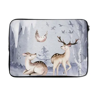 Produktbild von MuchoWow® Laptop Hülle 13 Zoll Winter - Hirsche - Vögel - Schnee Laptoptasche - Laptophülle - Sleeve - Rundumschutz