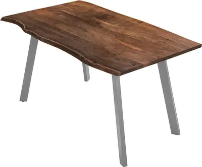 Produktbild von Esszimmertisch 140x80 cm Laxmi, echte Baumkante, nussbaumfarben, massiver Esstisch aus Akazienholz, Baumkantentisch mit Vier Metallbeinen Silber