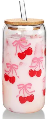 Gläser mit Kirschmotiv, 400 ml, mit Deckel und Strohhalm