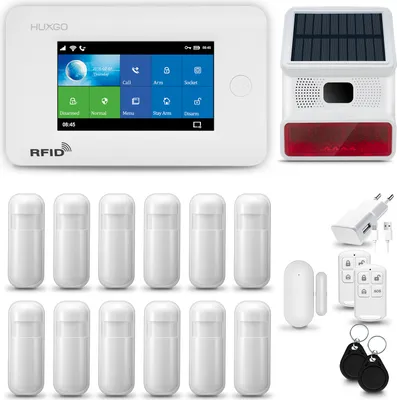 Produktbild von HUXGO HXA006 Alarmanlage Haus WiFi + GSM 4G LTE mit Funk Sirene, Alarm System mit 12x Bewegungssensor und 1x Tür- Fenstersensor, Alarmanlage für Wohnung, Haus, Garage, Tuya Smartlife App