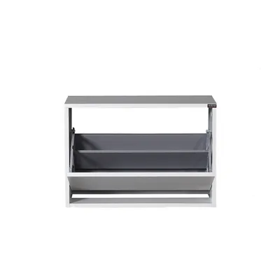 A white and gray shoe cabinet with two open compartments.