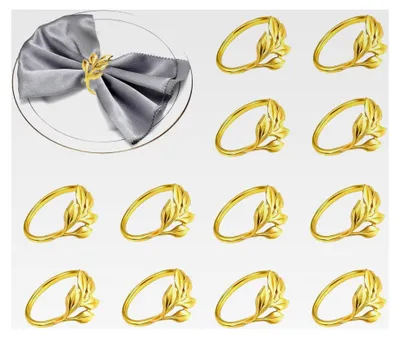 Produktbild von 12 Serviettenringe Gold, Blattform, Metall Serviettenschnallen für Weihnachten, Hochzeiten und Abendessen